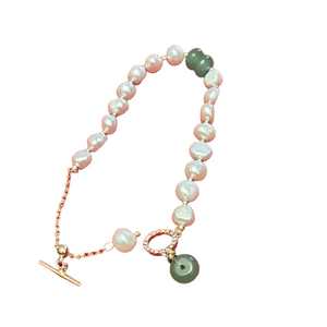 Freshwater Pearl And Jade Bead Bracelet With Rhinestones  Gold Plated